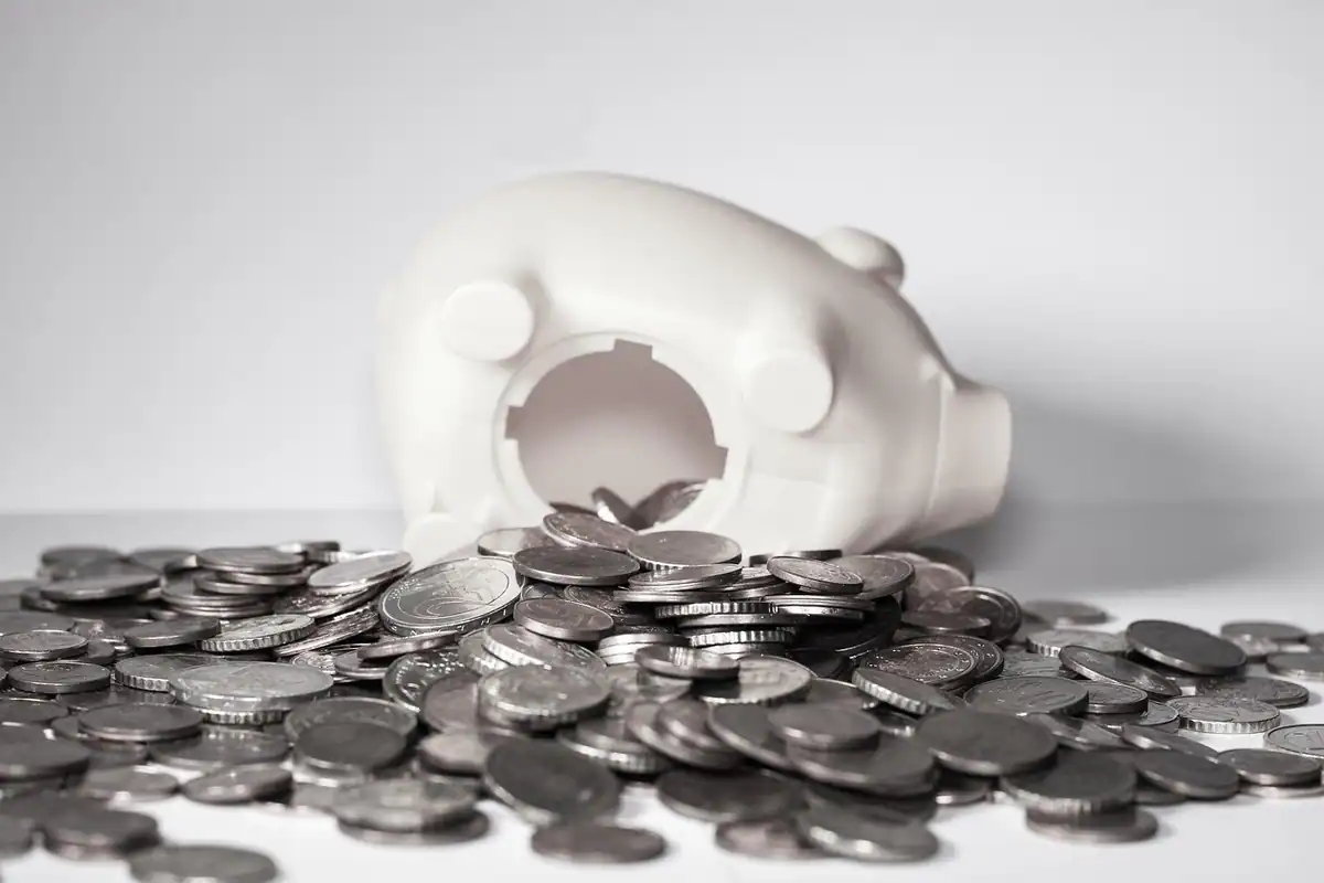 Purcel pușculiță și monede așezate pe o masă, pentru economii puse deoparte
