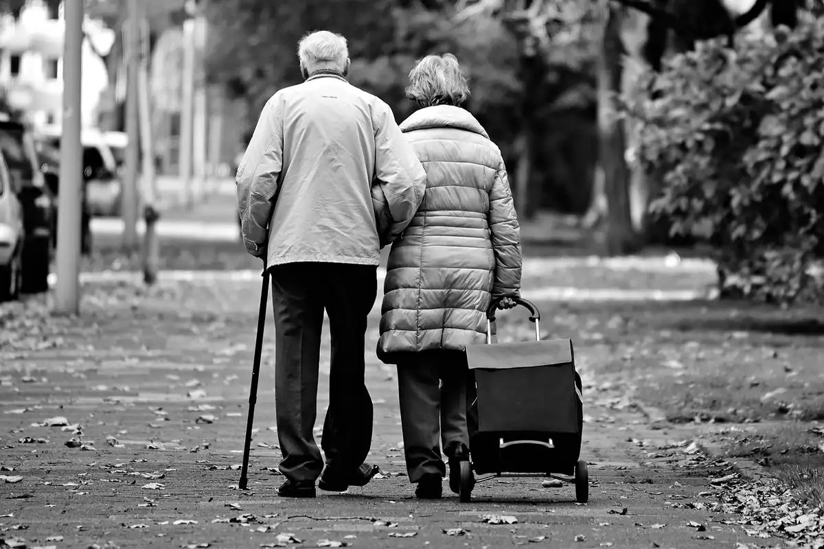 Cuplu de vârstnici care merge pe o alee, el cu baston, ea cu coș de cumpărături