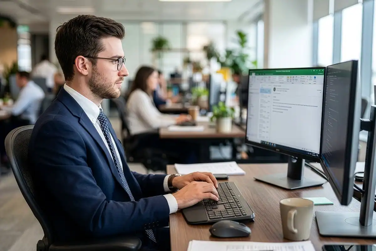 Angajat în costum care lucrează la calculator într-un birou open space
